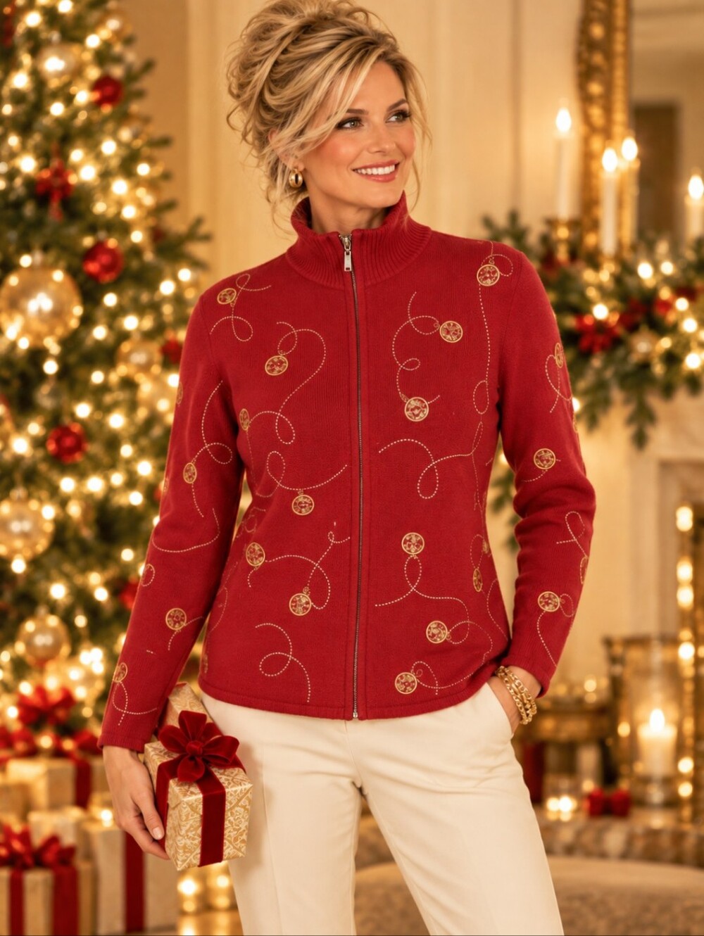Vintage 90s Red Embroidered Christmas Ornament Zip Cardigan Sweater Ramie PS